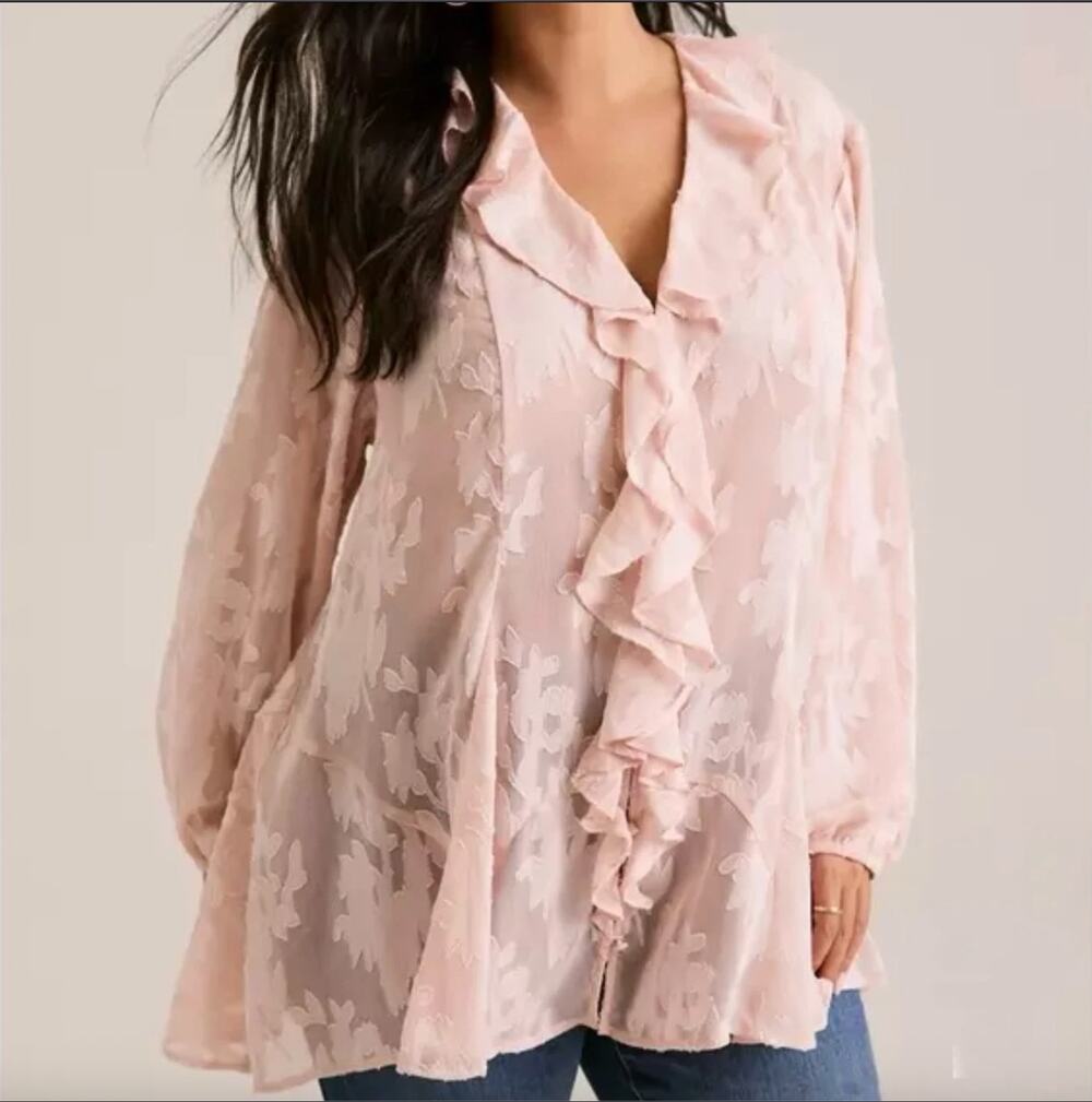 Torrid Blouse Womens 1X Sepia Rose Pink Festi Bubble Sleeve Ruffle Collar NWT